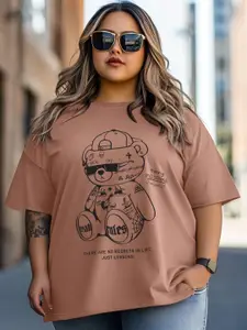 JUNEBERRY Women Printed Round Neck Pure Cotton Plus Size Oversized Tshirt