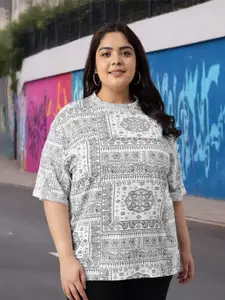 JUNEBERRY Women Printed Round Neck Pure Cotton Plus Size Oversized Tshirt