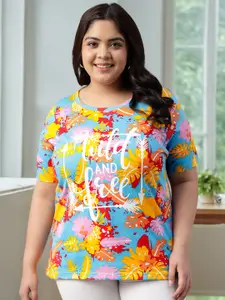 JUNEBERRY Women Floral Printed Round Neck Pure Cotton Tshirt