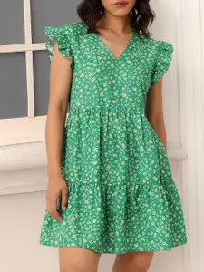 DressBerry Floral Printed Flutter Sleeve Gathered Tiered A-Line Mini Dress