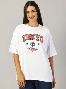 THE HOLLANDER Women Typography Printed Round Neck Cotton Oversized T-Shirt