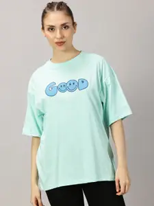 THE HOLLANDER Women Typography Printed Round Neck Cotton Oversized T-Shirt