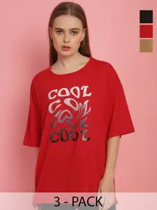 MACK JONNEY Women Cotton Typography Printed T-shirt Pack of 3