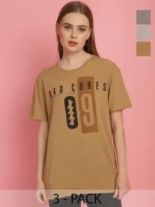 MACK JONNEY Women Typography Pack of 3 Printed Pockets T-shirt