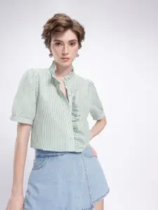 French Connection Striped Seersucker Puff Sleeves Ruffles Detailed Casual Shirt