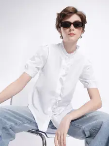 French Connection Puff Sleeves Ruffles Detailed Seersucker Casual Shirt
