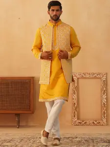 Jompers Floral Yoke Design Sequinned Regular Kurta with Pyjamas & Embroidered Waistcoat