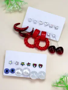 PRIVIU Set Of 12 Stone Studded & Beaded Quirky Studs & Hoop Earrings