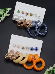PRIVIU Set Of 12 Stone Studded & Beaded Quirky Studs & Hoops Earrings