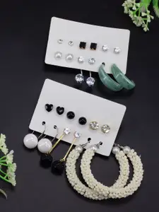 PRIVIU Set Of 12 Stone Studded & Beaded Quirky Studs & Hoop Earrings