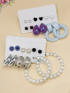 PRIVIU Set Of 12 Stone Studded & Beaded Quirky Studs & Hoop Earrings