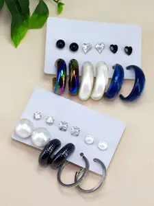 PRIVIU Set Of 12 Stone Studded & Beaded Quirky Studs Earrings