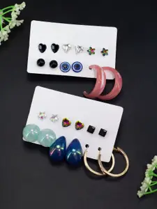 PRIVIU Set Of 12 Stone Studded & Beaded Quirky Studs Earrings