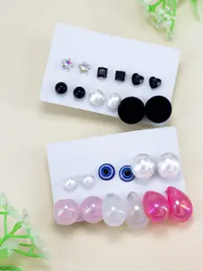PRIVIU Set Of 12 Stone Studded & Beaded Quirky Studs Earrings