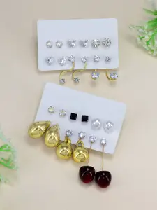 PRIVIU Set Of 12 Gold Plated Stone Studded Quirky Studs Earrings