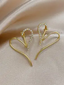 KRENOZ Gold-Plated Rhinestone Studded Heart Shaped Front Back Style Drop Earrings