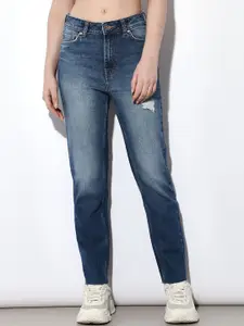 ONLY Women Straight Fit Mid-Rise Low Distress Light Fade Stretchable Jeans