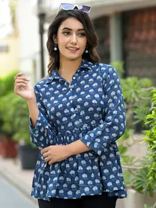 Varanga Floral Printed Shirt Collar Pleated Pure Cotton A-Line Kurti