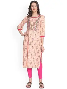 Anouk Floral Embroidered Round Neck Mirror Work Straight Liva Kurta
