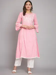 Anouk Pink Ethnic Motifs Printed Round Neck Mirror Work Pure Cotton A-Line Kurta