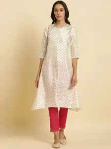 W Off White Floral Woven Design Thread Work A-Line Kurta