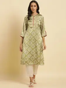 W Green Ethnic Motifs Printed Flared Sleeves Thread Work Straight Kurta