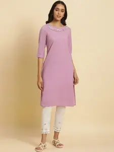 W Purple Thread Work Cotton Straight Kurta