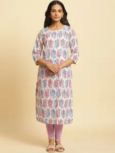 W Round Neck Ethnic Motifs Printed Cotton Straight Kurta