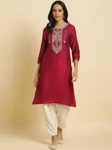 W Round Neck Floral Embroidered Straight Kurta