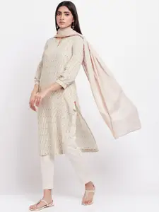 W Striped Notch Neck Puffed Sleeves Straight Kurta