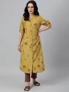 W Floral Printed Mandarin Collar Roll-Up Sleeves Pathani Kurta