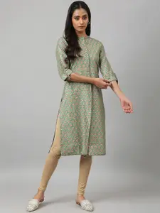 W Floral Printed Mandarin Collar Roll-Up Sleeves Straight Kurta