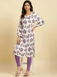 W Floral Printed Keyhole Neck Flared Sleeves Sequinned Straight Kurta