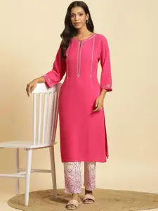 W Floral Yoke Design Keyhole Neck Thread Work Straight Kurta