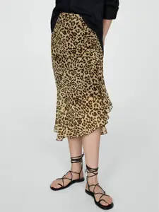 MANGO Women Animal Printed Ruched Midi Skirt