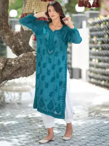 Rangreza Ethnic Notch Neck Floral Embroidered Straight Kurta
