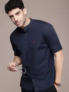 Nautica Slim Fit Self Stripes Band Collar Pure Cotton Casual Shirt