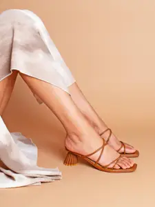 CAI Women Multi Strap Tan Open Toe Block Heel Sandals