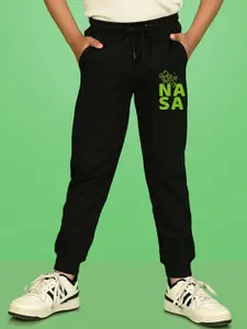 NUSYL Boys Black Nasa Text Printed  Cotton Ankle Length Track Pants