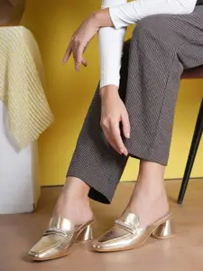 Bella Rosa Women Textured Round Toe Block Heels Mules with Western - Embellished