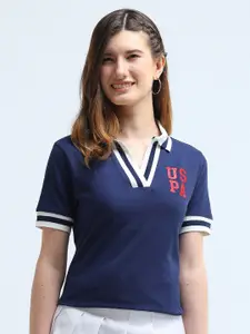 U.S. Polo Assn. Women Typography Printed Polo Collar Cotton T-Shirt