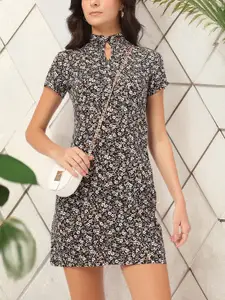 DressBerry Floral Printed Monochrome Keyhole Neck Sheath Mini Dress
