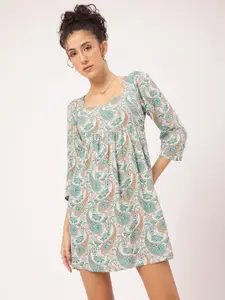 DressBerry Paisley Printed Square Neck A-Line Mini Dress