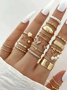 Jewels Galaxy Set Of 21 Gold-Plated Stone Studded & Beaded Finger Ring