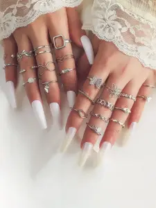 Jewels Galaxy Set of 23 Silver-Plated Stones Studded Stackable Finger Rings