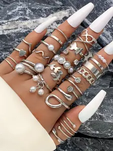 Jewels Galaxy Set Of 22 Silver-Plated Stone Studded & Beaded Finger Ring