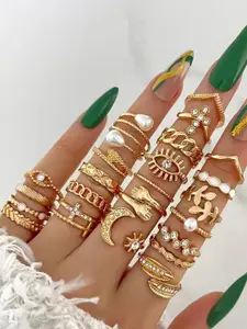 Jewels Galaxy Set Of 23 Gold-Plated Stone Studded & Beaded Finger Rings