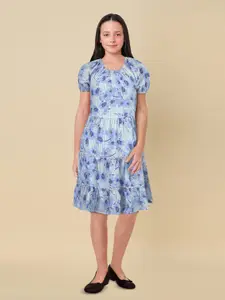 Allen Solly Junior Floral Printed Seersucker Smocked Puff Sleeves A-Line Tiered Dress