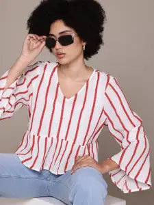 Roadster The Lifestyle Co. Pure Cotton Striped Flared Sleeve Regular Top