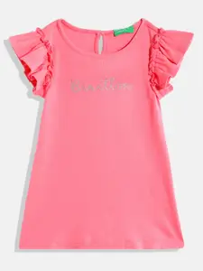 United Colors of Benetton Girls Pure Cotton Flutter Sleeve A-Line Dress